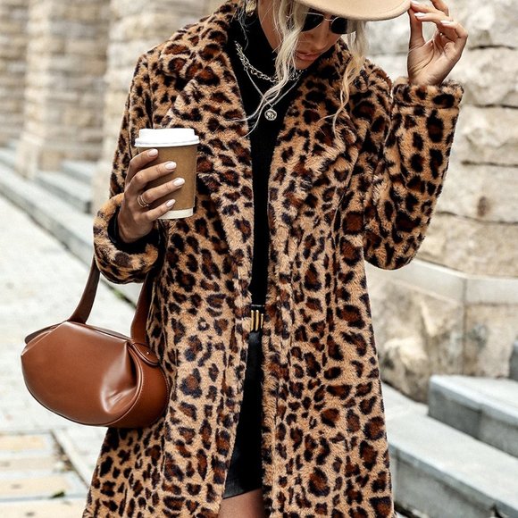 Multicolor Preppy Womens Leopard Print Open Front Fuzzy Coat - Picture 3 of 6
